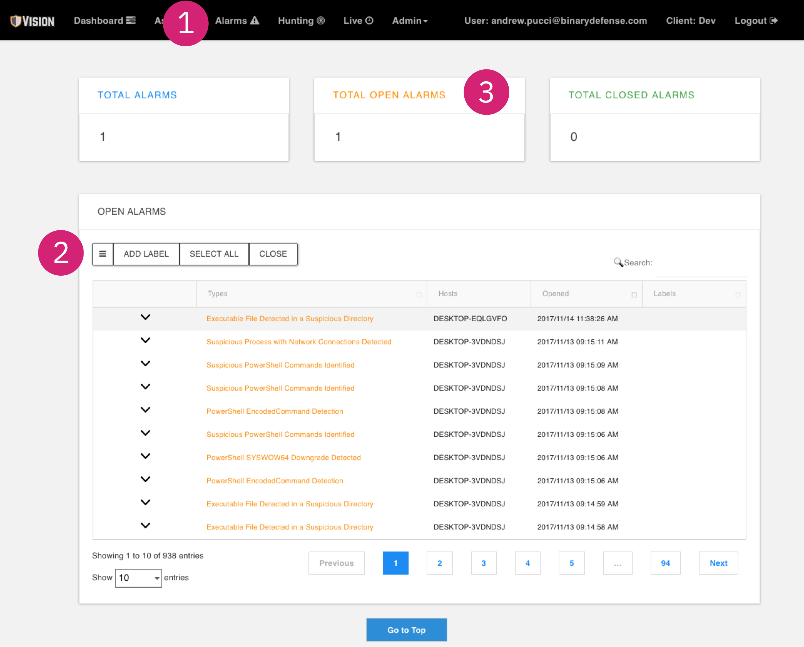 Screenshot of Binary Defense Vision interface