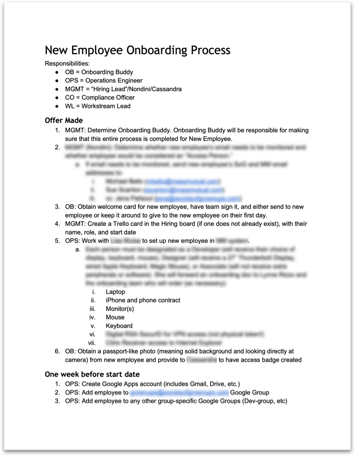 Screenshot of a document outlining the new employee onboarding process