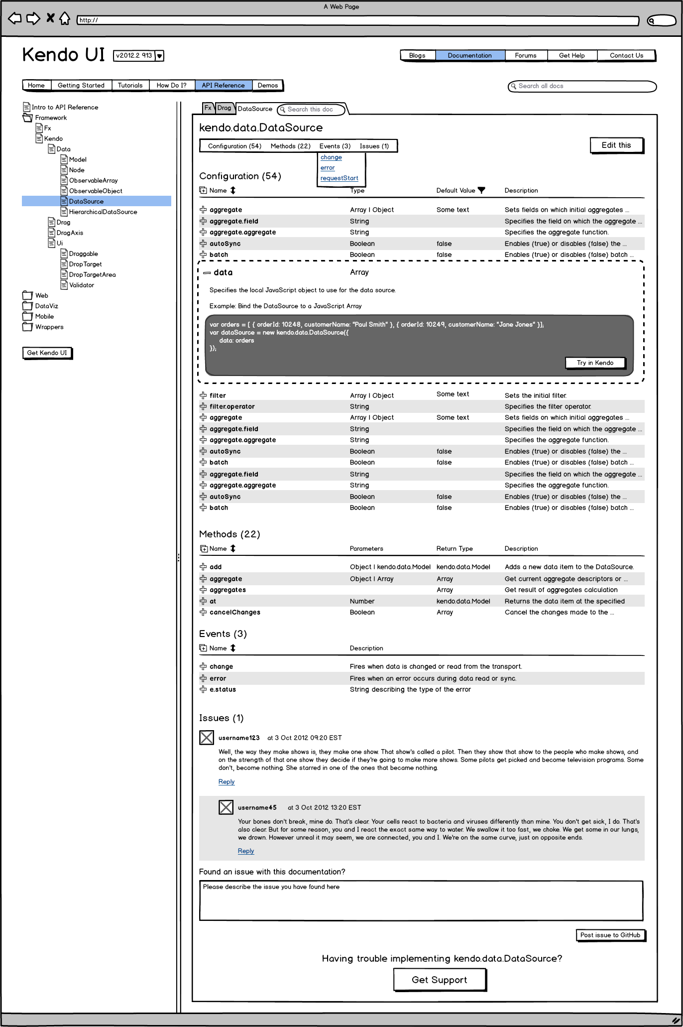 Mockup of documentation for a particular component